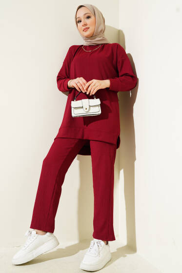 Yanları Yırtmaçlı Bürümcük İkili Takım Bordo - İkili Takım