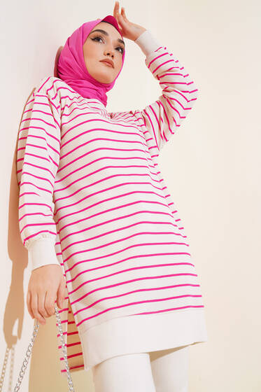 Yanları Yırtmaçlı Çizgili Tunik Fuşya - Tunik
