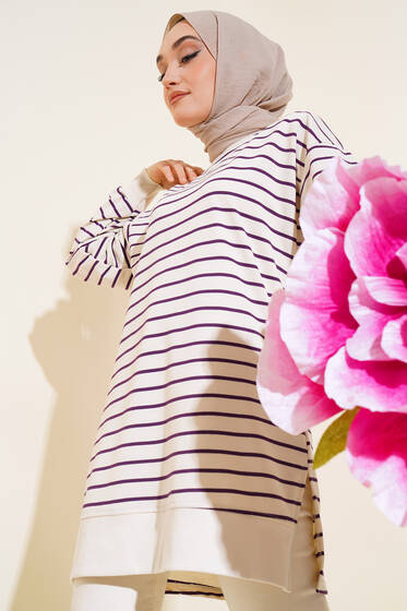 Yanları Yırtmaçlı Çizgili Tunik Mor - Tunik