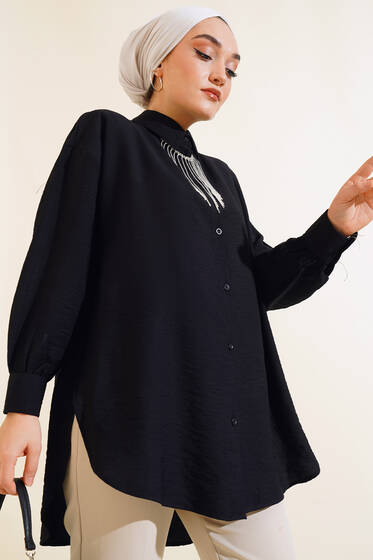 Yanları Yırtmaçlı Gömlek Siyah - Gömlek