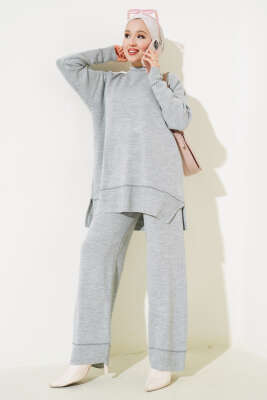 Yanları Yırtmaçlı Triko İkili Takım Gri - Triko İkili Takım