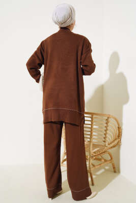 Yanları Yırtmaçlı Triko İkili Takım Kahve - Triko İkili Takım