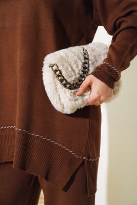 Yanları Yırtmaçlı Triko İkili Takım Kahve - Triko İkili Takım