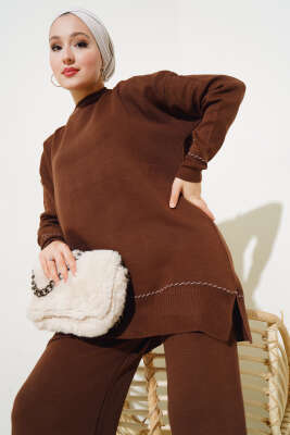 Yanları Yırtmaçlı Triko İkili Takım Kahve - Triko İkili Takım