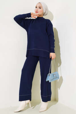 Yanları Yırtmaçlı Triko İkili Takım Lacivert - Triko İkili Takım