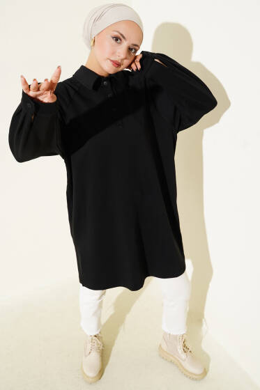 Yanları Yırtmaçlı Uzun Tunik Siyah - Tunik