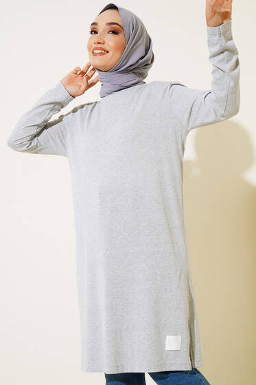 Yanları Yırtmaçlı Uzun Kol Tunik Gri - Tunik