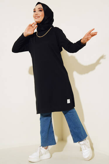 Yanları Yırtmaçlı Uzun Kol Tunik Siyah - Tunik