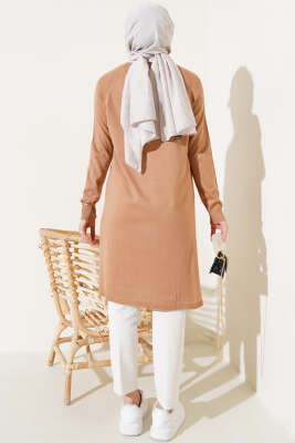 Yanları Yırtmaçlı Uzun Triko Tunik Bisküvi - Triko Tunik