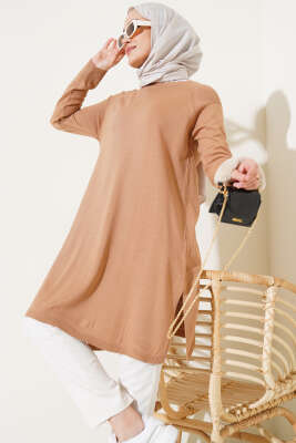 Yanları Yırtmaçlı Uzun Triko Tunik Bisküvi - NEFİSE