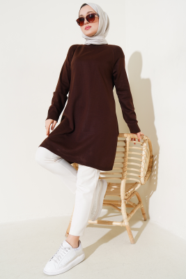 Yanları Yırtmaçlı Uzun Triko Tunik Kahve - Triko Tunik