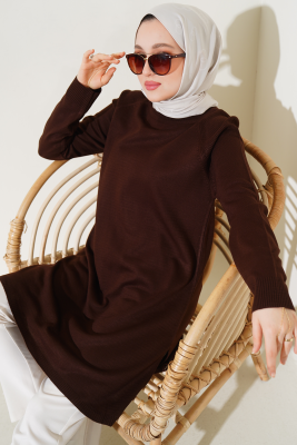 Yanları Yırtmaçlı Uzun Triko Tunik Kahve - NEFİSE