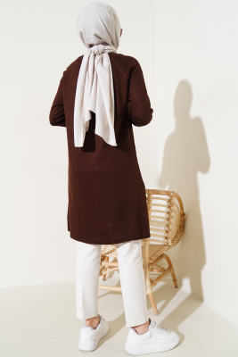 Yanları Yırtmaçlı Uzun Triko Tunik Kahve - Triko Tunik