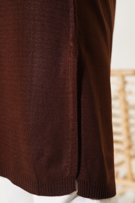 Yanları Yırtmaçlı Uzun Triko Tunik Kahve - Triko Tunik