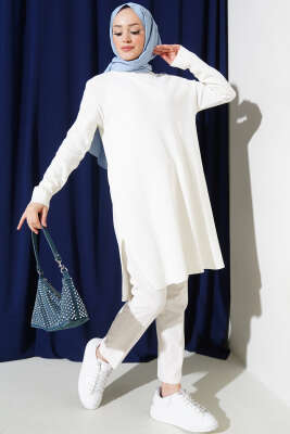 Yanları Yırtmaçlı Uzun Triko Tunik Kemik - Triko Tunik