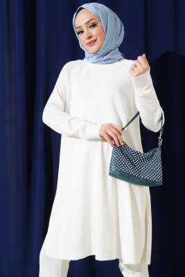 Yanları Yırtmaçlı Uzun Triko Tunik Kemik 