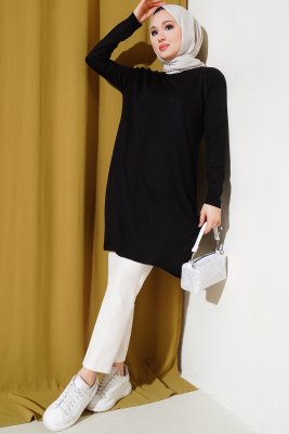 	 Yanları Yırtmaçlı Uzun Triko Tunik Siyah - Triko Tunik