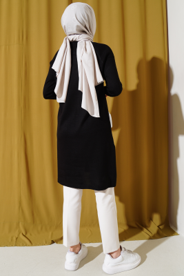 	 Yanları Yırtmaçlı Uzun Triko Tunik Siyah - Triko Tunik