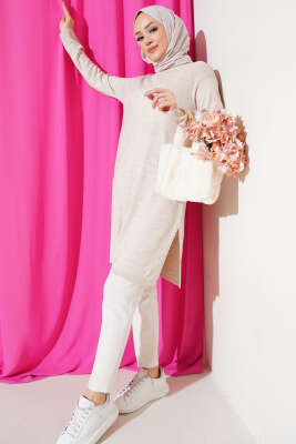 Yanları Yırtmaçlı Uzun Triko Tunik Taş - Triko Tunik