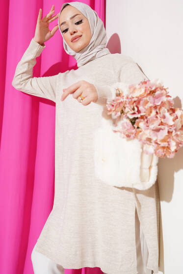 Yanları Yırtmaçlı Uzun Triko Tunik Taş - Tunik