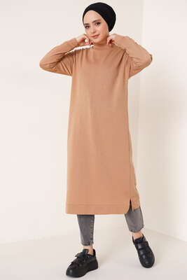 Yanları Yırtmaçlı Uzun Tunik Latte - Tunik