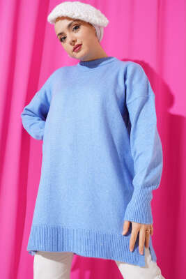 Yanları Yırtmaçlı Yumoş Triko Tunik Mavi - Triko Tunik