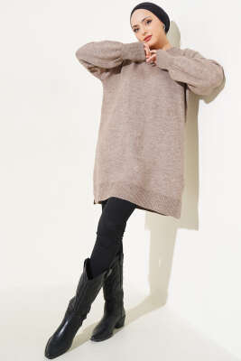 Yanları Yırtmaçlı Yumoş Triko Tunik Vizon - Triko Tunik