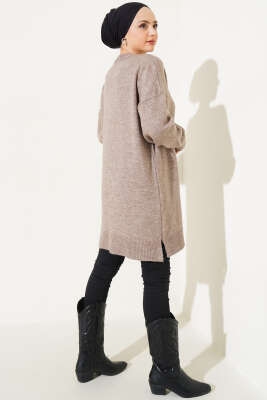 Yanları Yırtmaçlı Yumoş Triko Tunik Vizon - Triko Tunik