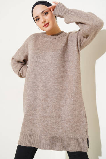 Yanları Yırtmaçlı Yumoş Triko Tunik Vizon - Tunik