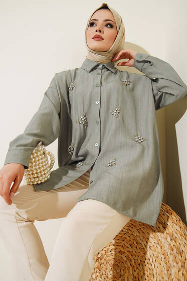 Yaprak Boncuk İşlemeli Gömlek Çağla Yeşili - Gömlek