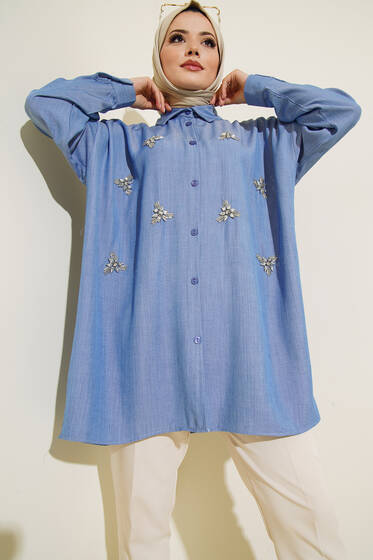 Yaprak Boncuk İşlemeli Gömlek İndigo - Gömlek