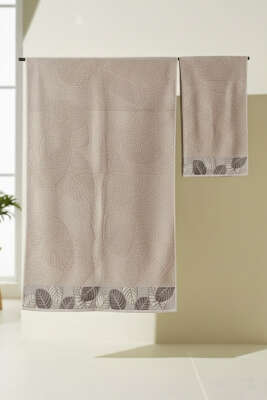 Yaprak Desen Banyo Havlu 2'li Takım Bej - MAHİR HAVLU