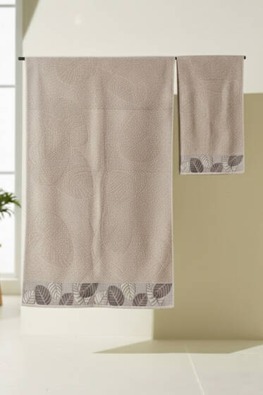 Yaprak Desen Banyo Havlu 2'li Takım Bej - HAVLU TAKIMLARI