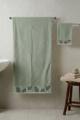 Yaprak Desen Banyo Havlu 2'li Takım Çağla Yeşili - MAHİR HAVLU