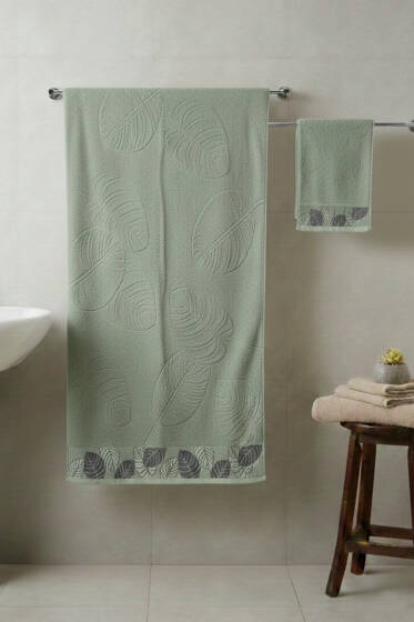 Yaprak Desen Banyo Havlu 2'li Takım Çağla Yeşili - HAVLU TAKIMLARI