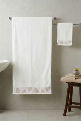 Yaprak Desen Banyo Havlu 2'li Takım Ekru - MAHİR HAVLU