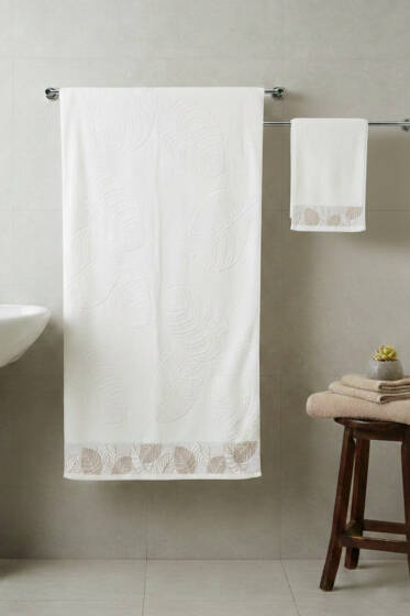 Yaprak Desen Banyo Havlu 2'li Takım Ekru - HAVLU TAKIMLARI