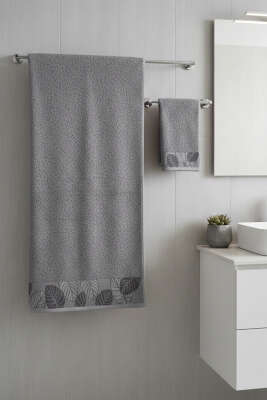 Yaprak Desen Banyo Havlu 2'li Takım Füme - MAHİR HAVLU