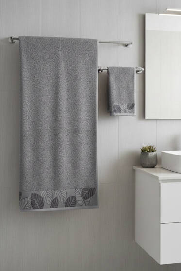 Yaprak Desen Banyo Havlu 2'li Takım Füme - HAVLU TAKIMLARI