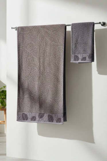 Yaprak Desen Banyo Havlu 2'li Takım Kayrak Grisi - HAVLU TAKIMLARI
