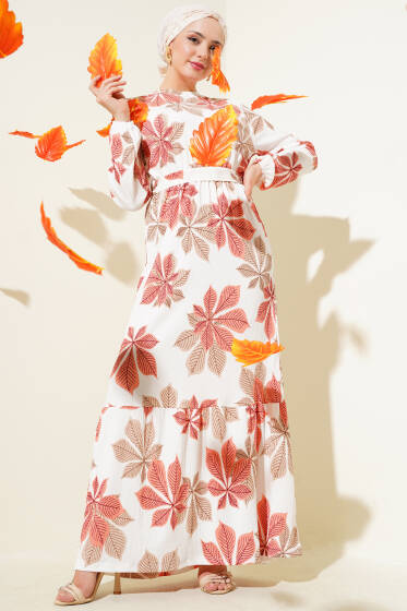 Yaprak Desen Bel Lastikli Bürümcük Elbise Gül Kurusu - Elbise