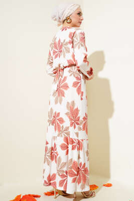 Yaprak Desen Bel Lastikli Bürümcük Elbise Gül Kurusu - Tesettür Elbise