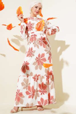 Yaprak Desen Bel Lastikli Bürümcük Elbise Gül Kurusu 