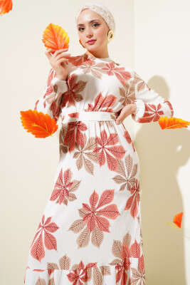 Yaprak Desen Bel Lastikli Bürümcük Elbise Gül Kurusu - Tesettür Elbise