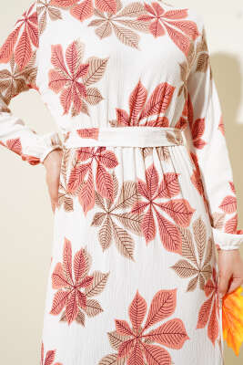 Yaprak Desen Bel Lastikli Bürümcük Elbise Gül Kurusu - Tesettür Elbise