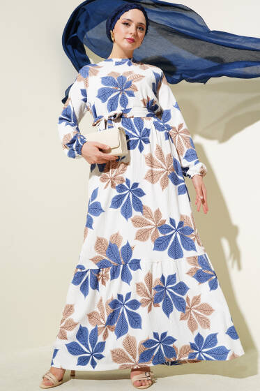 Yaprak Desen Bel Lastikli Bürümcük Elbise İndigo - Elbise
