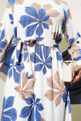 Yaprak Desen Bel Lastikli Bürümcük Elbise İndigo - Tesettür Elbise