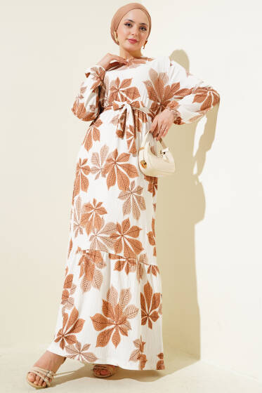Yaprak Desen Bel Lastikli Bürümcük Elbise Latte - Elbise