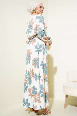 Yaprak Desen Bel Lastikli Bürümcük Elbise Mint - Tesettür Elbise