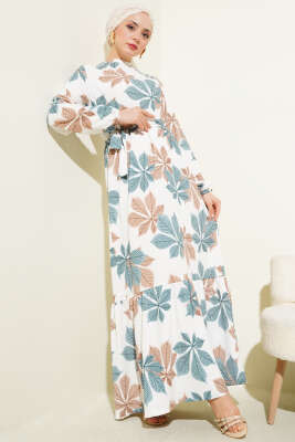 Yaprak Desen Bel Lastikli Bürümcük Elbise Mint - Tesettür Elbise